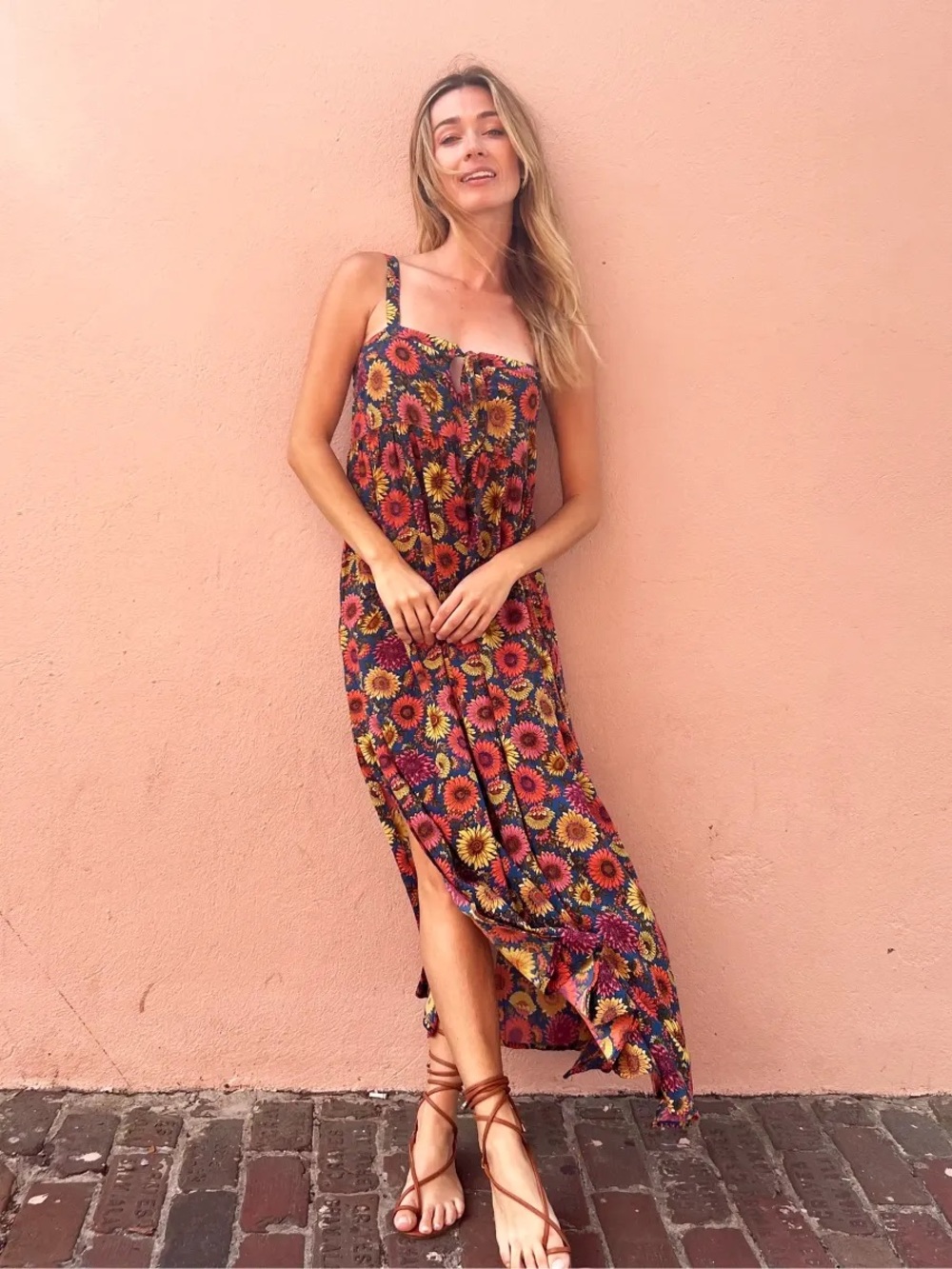 NATURAL LIFE Patti Tie-Front Maxi Dress in Red Sunflower Boho Hippie Summer - Picture 2 of 8